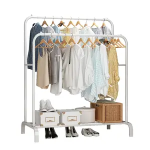 Wholesale Free Standing Double pole Coat Rack Metal Clothes Hat Hanger Rack Shoes Shelf