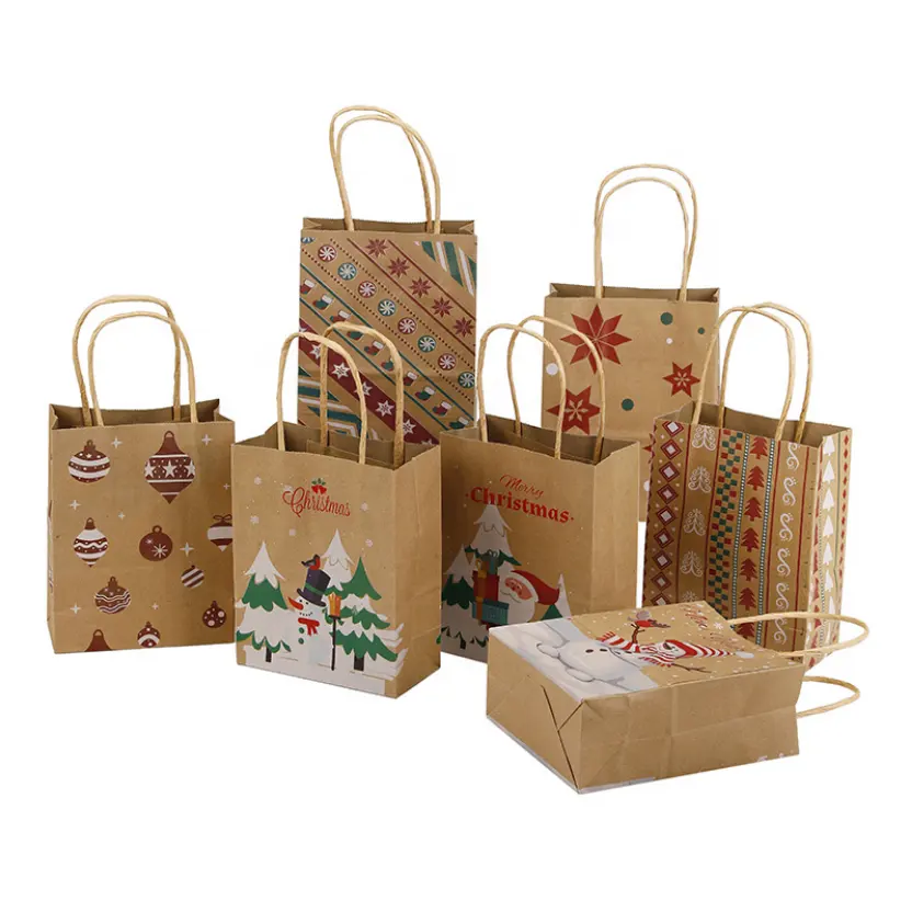 100% リサイクル可能なカスタマイズサイズナチュラルブラウンクリスマスクラフトペーパーバッグと小さなクリスマスカスタムクラフトペーパーバッグ卸売