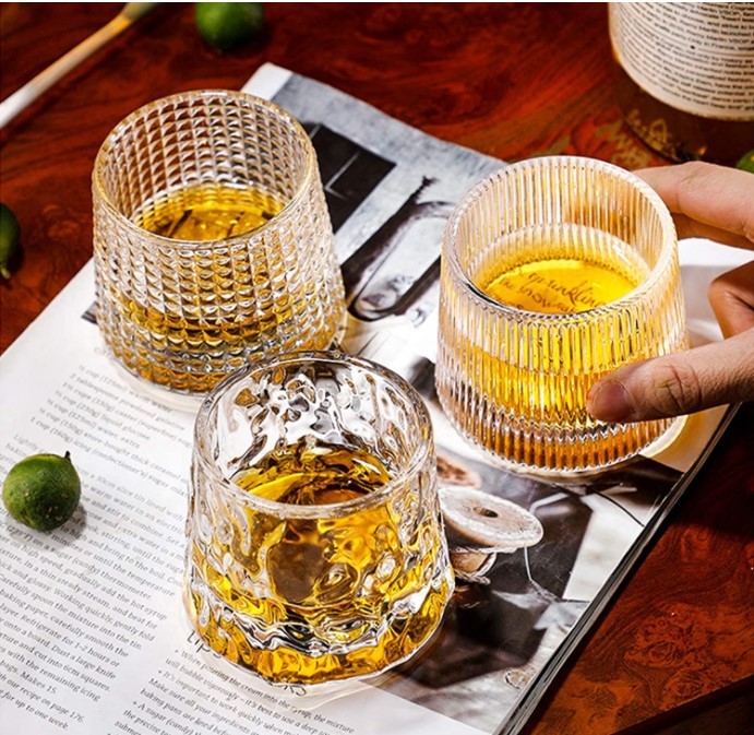 Spherical Bottom Rotatable Crystal Whiskey Glasses 5oz 3 PCS , for Drinking Whisky, Cocktails, Cognac (Strip/ Lattice/ Irregular