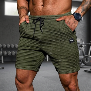 Shorts de bain décontractés pour hommes, vert uni, côtelés, taille mi-haute, avec cordon de serrage, séchage rapide, pour la plage, avec poches - Product Image 3