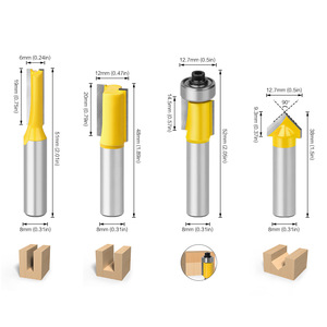 Lama Doppia in Carburo di Tungsteno con Gambo Rotondo da 6mm, 1/4" e 8mm, 45° #   Set di 6 Frese per Router con Corpo in Acciaio e Scatola in Legno - Product Image 5