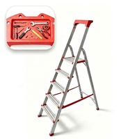 Échelle pliante moderne à 5 marches avec cadre en aluminium ultra-léger, marches larges antidérapantes et plateau porte-outils, conforme EN 131, pour usage résidentiel et supermarché