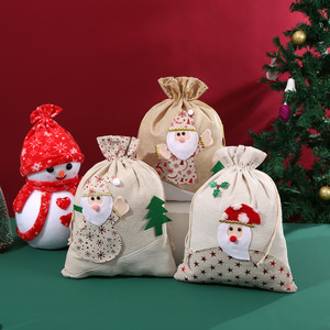 Sac de Noël en lin patchwork Dry Power 30x40cm avec cordon de serrage, grand format, pour cadeaux du Père Noël - Product Image 4
