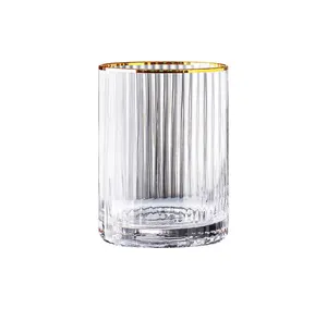 Huisheng Wholesale Carved Round Square Thin Line 13oz Highball Stacking Glass Cup With Gold Rim