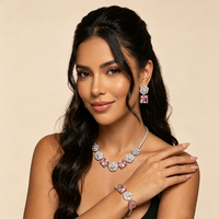 Ensemble de 3 pièces : Collier en zircon rose cristal, Bracelets camélia de luxe, Boucles d'oreilles clous fleur, Bijoux de mariée scintillants, Conjunto De Joyas