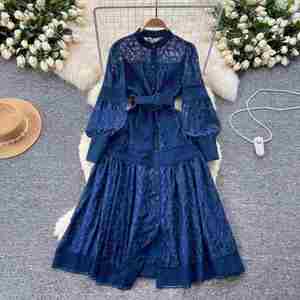 Vestido Maxi Casual de Invierno 2024 para Mujer, Estilo Vintage, Manga Farol, Bordado, Encaje Tejido, Ecológico, Negro y Blanco, Corte en A - Product Image 1