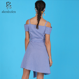 2019 Casual vestido de las mujeres de <span class=keywords><strong>la</strong></span> correa de Espagueti de una pieza a cuadros de mujeres vestido con faja - Product Image 3