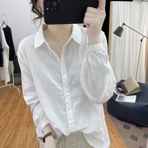 Women's Cotton Linen Shirt Long Sleeve Loose Fit Lace Trim Retro Style Everyday Wear Purple White Pink Bean Green - Product Image 3
