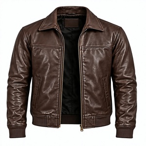Men's <b>Brown</b> Genuine <b>Leather</b> Moto <b>Jacket</b> Turn-down Collar Zipper Closure Regular Fit Autumn Wear - Product Image 1