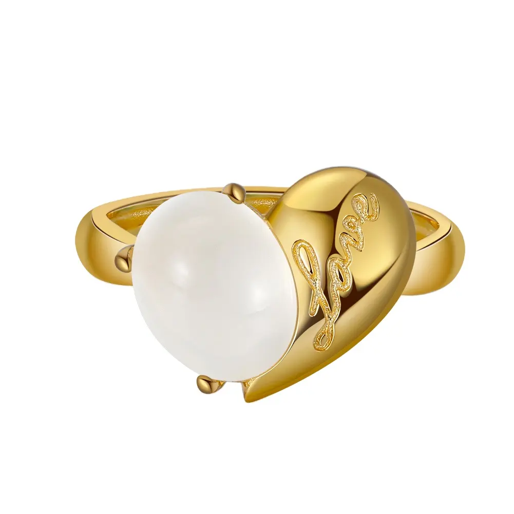 RINNTIN GMR06 925 Sterling Silver Natural Moonstone Heart Ring 8x10mm Oval Shape Moonstone Elegant Gemstone Wedding Ring