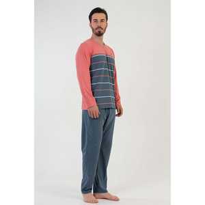 <b>Men's</b> Coral <b>Pajama</b> <b>Set</b> 100% Cotton Knitted Long Sleeve Sleepwear Plus Size - Product Image 2