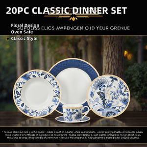 Service de table 20 pièces de haute qualité, motif floral bleu oriental classique, en porcelaine fine, pour usage domestique, compatible micro-ondes et lave-vaisselle - Product Image 2