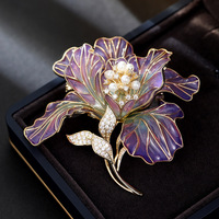 Bros Bunga Enamel Lapis Tembaga Retro, Aksesoris Bunga Peony Mewah untuk Wanita
