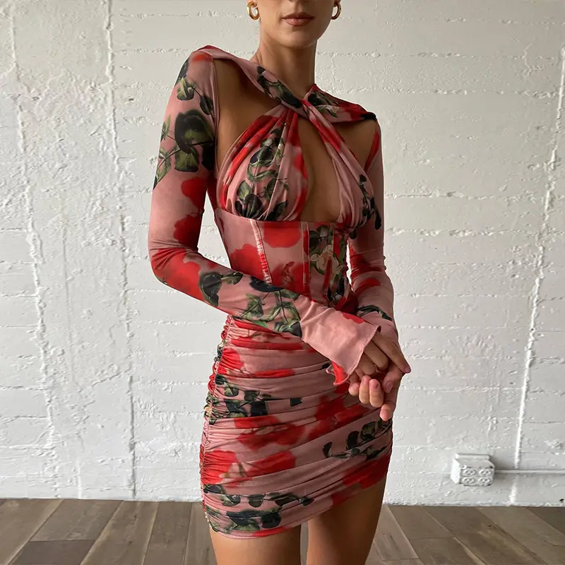 Sexy Criss-cross Long Sleeve Cut Out Womens Flare Summer Dresses Floral Printing Mesh Dress Wholesale Clothing