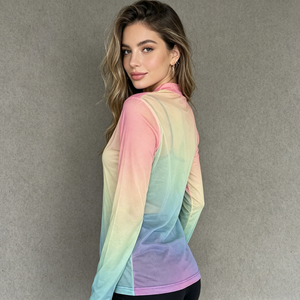 <strong>Women's</strong> <strong>Top</strong> <strong>Rainbow</strong> Printed Mesh See Through Shirts O-neck Long Sleeve Fashion <strong>Tops</strong> - Product Image 5