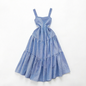 Vestido Midi Azul a Rayas con Tirantes Finos, Estilo Casual de Verano, Tejido de Algodón, Corte Regular, Vestido de Mujer con Estampado Digital para Oficina - Product Image 1