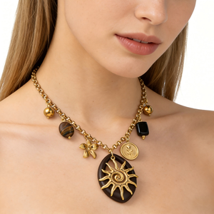 <span class=keywords><strong>Collana</strong></span> in Acciaio Inossidabile Placcato Oro 18K PVD Stile Boho <span class=keywords><strong>con</strong></span> Ciondolo a Forma <span class=keywords><strong>di</strong></span> Sole e Fiore in Pietra Marrone, Gioiello a Catena Stratificata - Product Image 2