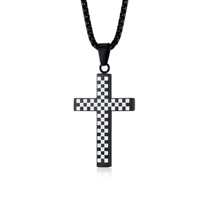 Mountain and Sea yunnique Jewelry <b>Titanium</b> Steel Black and White Checkered Cross Necklace, Niche Design Racing Flag - Product Image 1