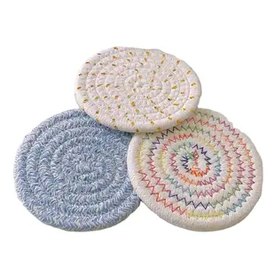 Resistant Washable Natural Material Handmade Coaster Cup Mat Round Woven Cotton Hemp Jute Placemat