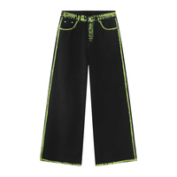 SOONREE Jeans baggy noirs personnalisés pour hommes, avec bordure contrastante verte, coupe large, denim, style Y2K, streetwear, usage quotidien