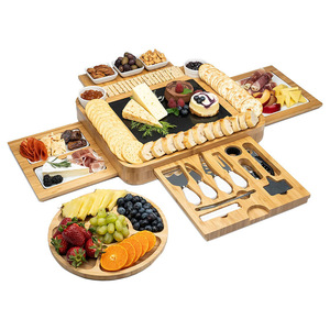 Planche à fromage en bambou, planche à découper en bambou, plateau à fromage domestique, planche à découper avec couteau et fourchette en acier inoxydable, double tiroir - Product Image 2