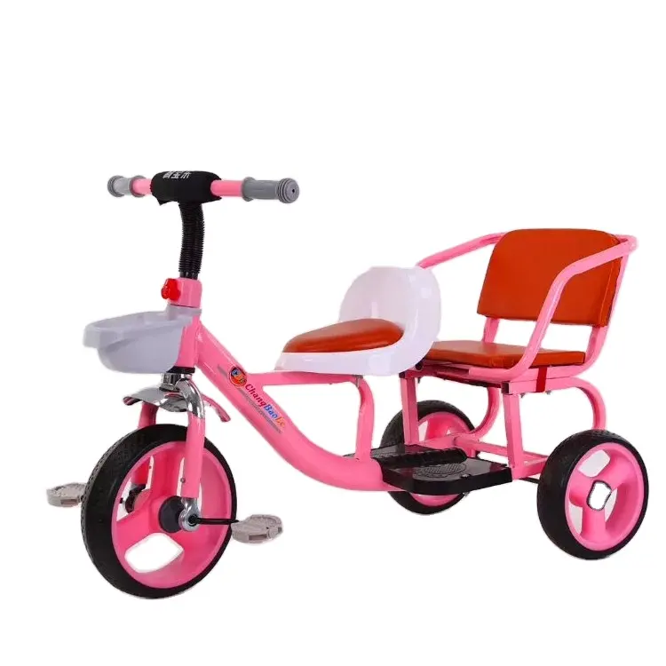 Tricycle en acier pour enfants, nouveau design, deux sièges, 3 roues, trois couleurs, vente en gros