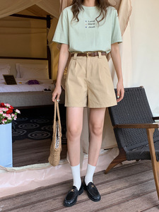 Shorts de lona informales de cintura alta para mujer, transpirables, ecológicos, con cremallera y cuentas, de Spandex/Poliéster, OEM - Product Image 2