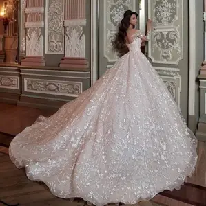 Pettifalt-vestido de novia de lujo con cola grande, de manga larga, brillante, con cuentas de cristal, cintura, de encaje