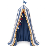 Tente de lit suspendue pour enfants en forme de cône, style camping américain, 100% coton, rayures bleues et blanches, bord à volants, crochets de suspension au plafond