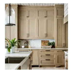 CBMMART Customized Brown Stained Oak Solid Wood Kitchen Cabinet With Shaker Style And A Black Quartz Countertop Island