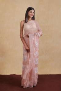 Sari de seda de organza pura suave de moda con blusa Chikan bordado a mano Sari bordado Mukesh dorado precio al por mayor - Product Image 3