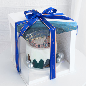 Satin Ribbon <b>Cake</b> <b>Box</b> <b>Gift</b> Packaging Square Reusable Birthday Decorative Blue Gold Trimmed Band For <b>Cake</b> Decorating Supplies - Product Image 1