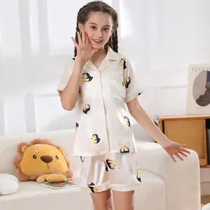 2-piece ice silk pajamas for girls and children thin short sleeved shorts with penguin print summer sleepwear home outfit set