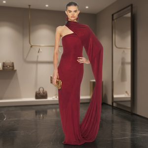 Robe longue sexy à une épaule, drapée, taille naturelle, maxi robe pour femmes, bordeaux, sans manches, dos nu, à lacets, slim, soirée - Product Image 3