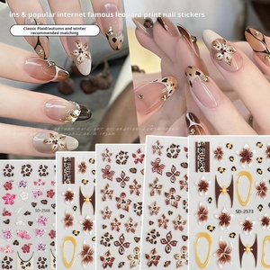 Leopard Print Ice <b>Flower</b> Nail <b>Stickers</b> Embossed 3D Autumn and Winter Retro Brown Wearable Nail <b>Stickers</b> - Product Image 2
