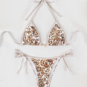 Conjunto de bikini con estampado floral azul para mujer, traje de baño de 2 piezas con cordones cruzados y de secado rápido para playa y deportes acuáticos - Product Image 2