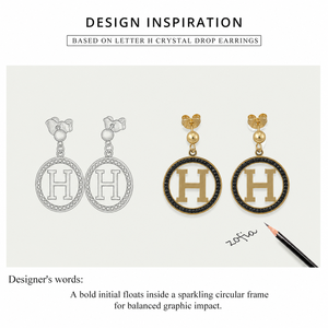 <b>Letter</b> H Crystal Drop Earrings Stainless Steel <b>Adhesive</b> Set Stones 14K Gold Vacuum Plated Black Round Drops - Product Image 4
