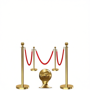 Juego de Postes Delimitadores Dorados de 4 Patas con 3 Cuerdas de Terciopelo Rojo y Puntas Esféricas de Acero Inoxidable para Eventos y Fiestas - Product Image 1