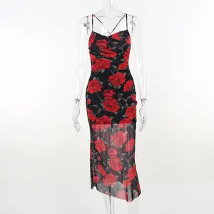 Summer 2023 New European and American Style Fresh Pastoral Style Slim Fit Printed Strap Dress for Women