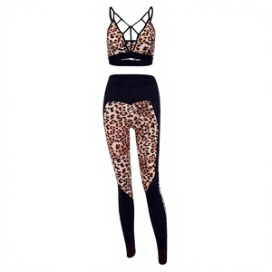<b>Women</b> Leopard Print Crisscross Sports Bra And <b>Legging</b> Set Breathable Fitness Wear Contrast Stitch Medium Support - Product Image 1