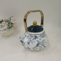 Bouilloire à thé en émail de vente chaude Boyang avec oiseau bleu et poignée dorée