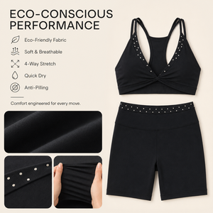 Set Yoga Personalizzato con Logo, Abbigliamento <span class=keywords><strong>Sportivo</strong></span> da Donna, <span class=keywords><strong>Reggiseno</strong></span> <span class=keywords><strong>Sportivo</strong></span> <span class=keywords><strong>Bianco</strong></span> a Pois a Doppio Strato e Pantaloncini da Yoga, Completo Riciclato per Pilates - Product Image 4