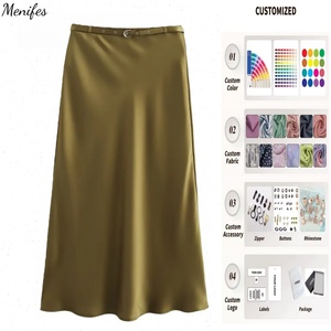 <span class=keywords><strong>Jupe</strong></span> trapèze mi-longue taille haute <span class=keywords><strong>vert</strong></span> olive en tissu <span class=keywords><strong>satin</strong></span>é effet soie élégante pour femme - Product Image 1