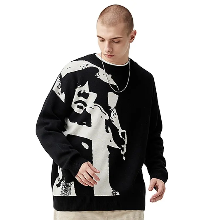 कस्टम पुरुषों लोगो स्वेटर Jacquard डिजाइनर Streetwear सर्दियों युगल क्रू गर्दन स्वेटर यूनिसेक्स प्लस आकार बुना हुआ स्वेटर