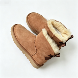 Faux Suede Winter Boots With <b>Bow</b> Decoration Round Toe Slip-On Plush Lining Rubber Outsole Anti-Slippery EVA Midsole - Product Image 5
