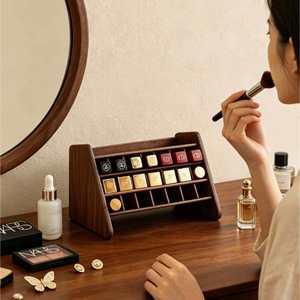 Black Walnut Wood Lipstick <b>Storage</b> Rack <b>With</b> Slanted Compartments Layered Design Makeup Organizer For <b>Dressing</b> <b>Table</b> - Product Image 3