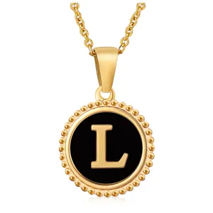 Fashion Stainless Steel Acciaio inox Round Natural Shell Coin Women 18K Gold Plated Letter L Initial Necklace