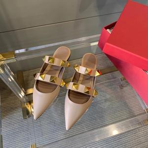 Women's <b>Pointed</b> <b>Toe</b> Rivet Mule Half Slippers, Genuine Leather <b>Flat</b> Outer Wear Sandals, Versatile Mule Shoes - Product Image 5