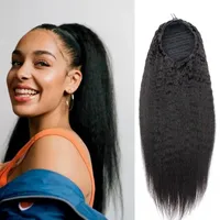 Queue de cheval brésilienne Remy Kinky Straight en cheveux humains, extension 100% naturelle, avec cordon de serrage, simple épaisseur, noir naturel # 1B Femmes