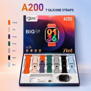 สมาร์ทวอทช์ A200 AMOLED หน้าปัดสี่เหลี่ยม รองรับการโทรผ่านบลูทูธ พร้อมฟังก์ชั่นติดตามสุขภาพ สายซิลิโคน 7 เส้น สำหรับผู้ชายและผู้หญิง ชุดคอมโบสมาร์ทวอทช์ - Product Image 1